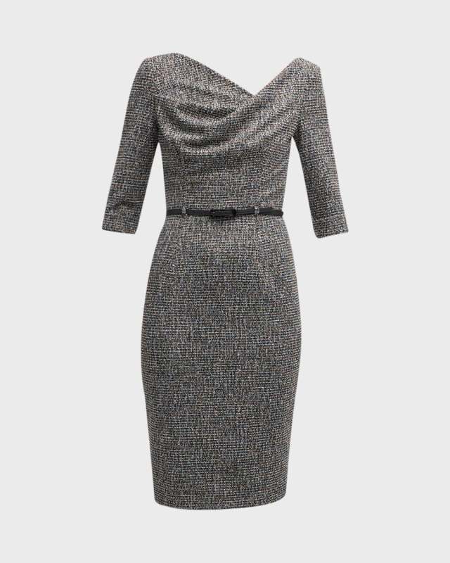 Jackie Cowl-Neck Bodycon Tweed Midi Dress
